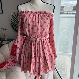 PrettyLittleThing Pink Polka Dot Tie Off The Shoulder Mini Dress Women’s US 4